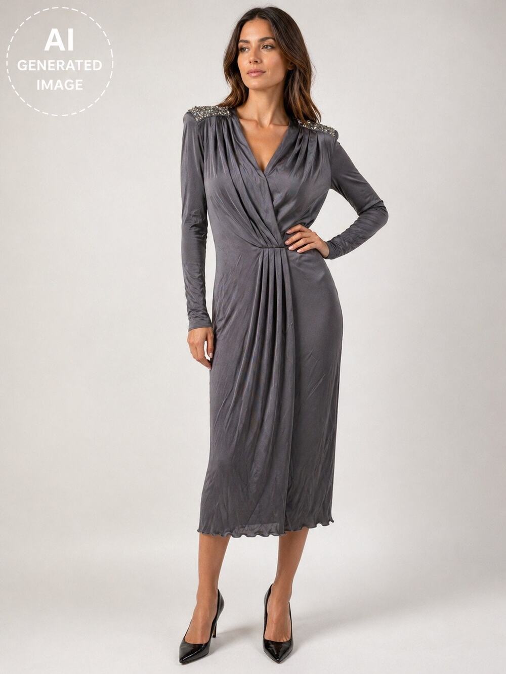 Emilio Pucci Gray Draped Midi Dress Beaded Shoulder Italy Size 40